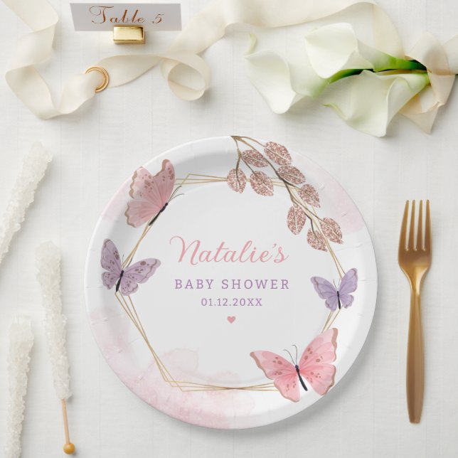 Assiettes En Carton Baby shower de fille papillon rose moderne (Mariage)