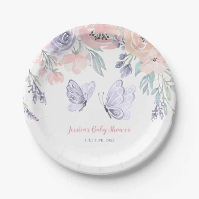 Assiettes En Carton Baby shower de fille papillon rose violet (Devant)