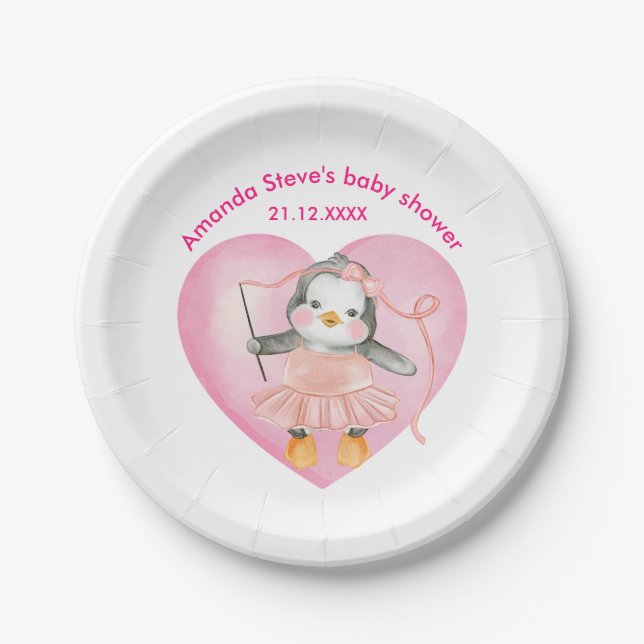 Assiettes En Carton Baby shower de fille Pingouin rose Plaque de papie (Devant)