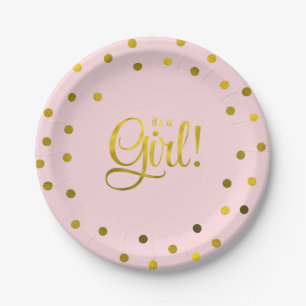Assiettes En Carton Baby shower de fille Pink et Faux Gold Foil