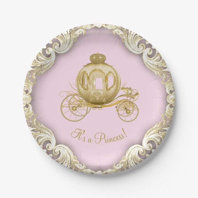 Assiettes En Carton Baby shower de fille Porte Princesse Rose Gold (Devant)