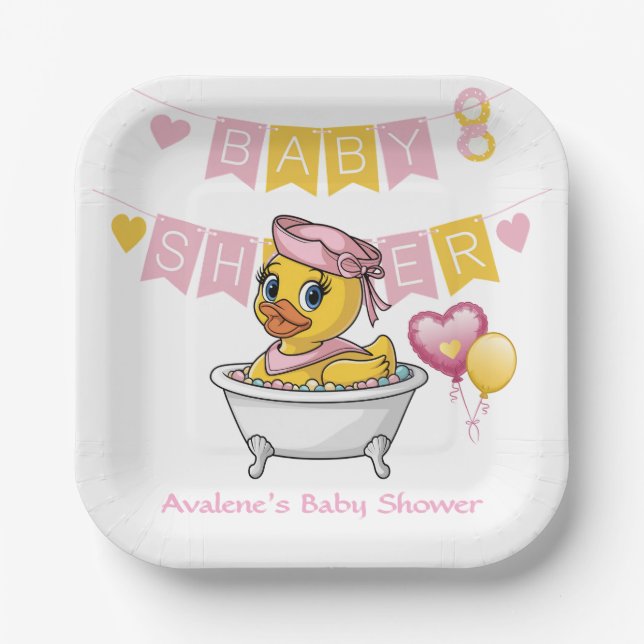 Assiettes En Carton Baby shower de filles en caoutchouc rose et jaune (Recto)