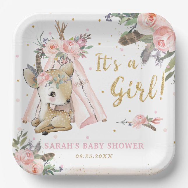 Assiettes En Carton Baby shower de filles tribales de Woodland Deer Bo (Recto)