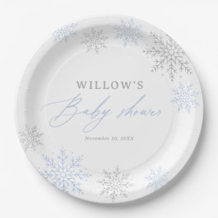 Assiettes En Carton Baby shower de garçon Blue Snowflake