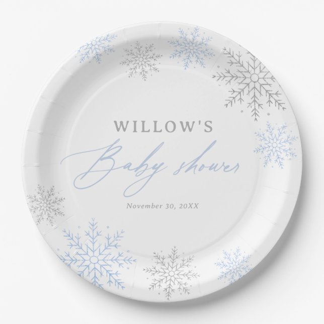 Assiettes En Carton Baby shower de garçon Blue Snowflake (Devant)