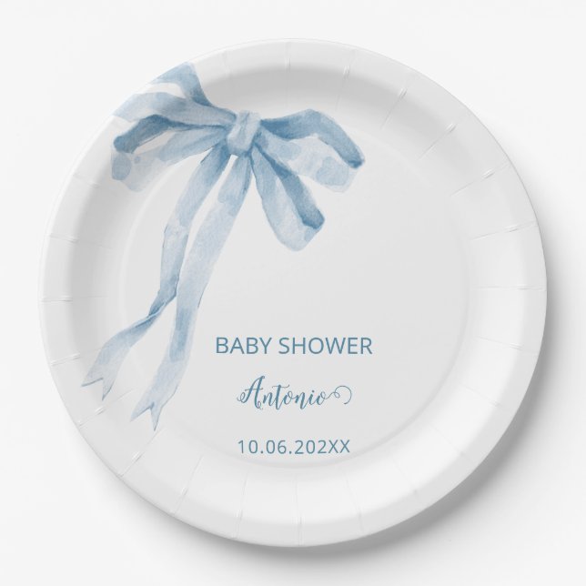 Assiettes En Carton Baby shower de garçon de la boue bleue aquarelle (Devant)