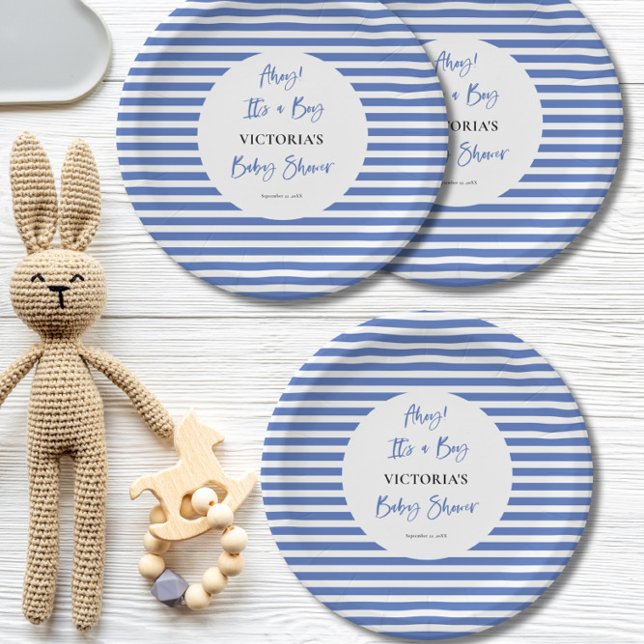 Assiettes En Carton Baby shower de garçon Nautical Blue Stripes (Créateur téléchargé)