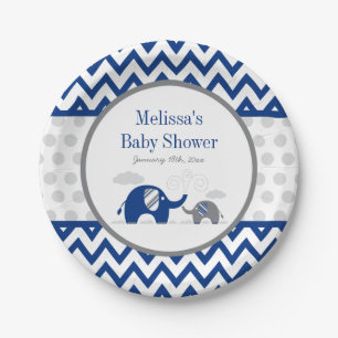 Assiettes En Carton Baby shower de gris de bleu marine d'éléphant