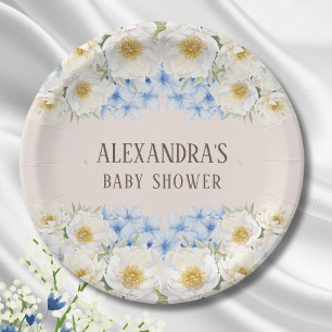 Assiettes En Carton Baby shower de jardin Floral Blanc bleu Hydrangea