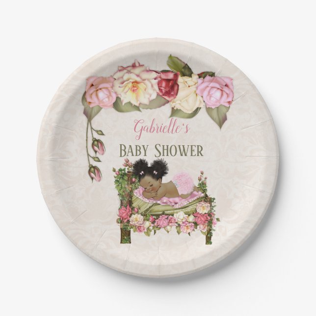 Assiettes En Carton Baby shower de jardin Lit Rose Fille rose ivoire (Devant)