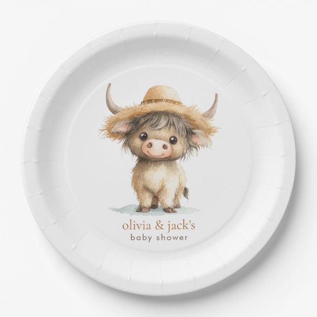 Assiettes En Carton Baby shower de la vache de Boho Highland (Devant)