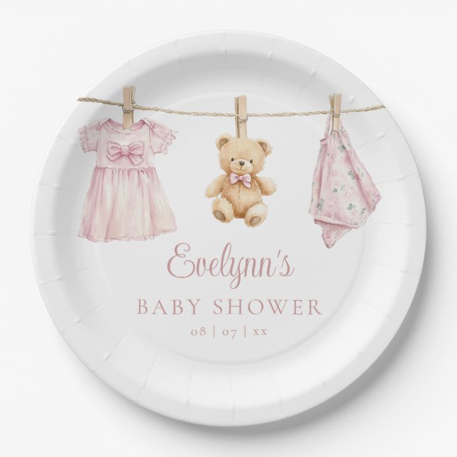 Assiettes En Carton Baby shower de ligne de linge rose pour bébé (Devant)