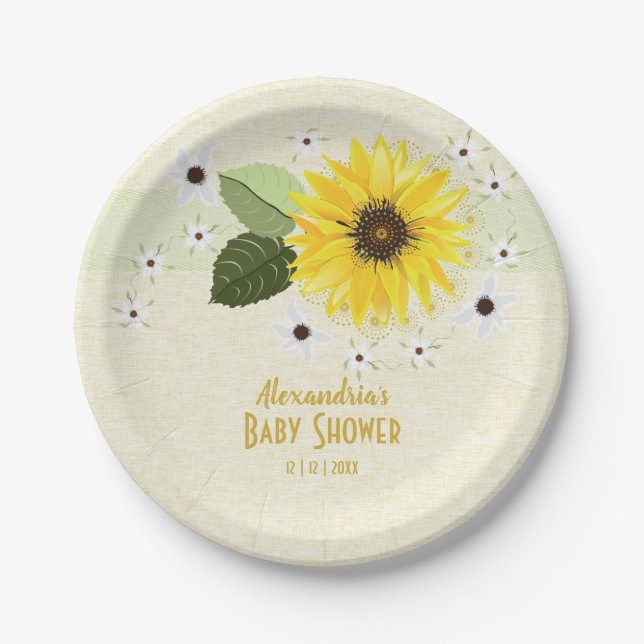 Assiettes En Carton Baby shower de lin floral de tournesol (Devant)