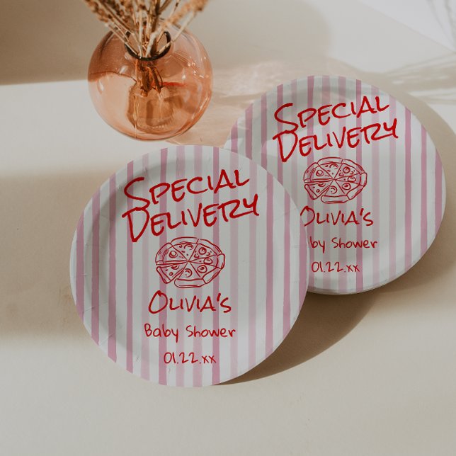 Assiettes En Carton Baby shower de livraison spécial rouge Pizza tiré  (Créateur téléchargé)