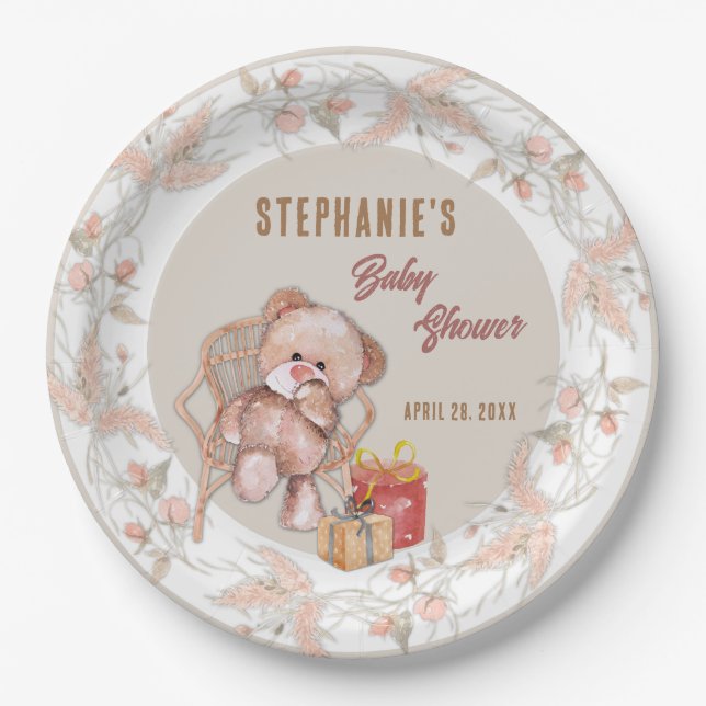 Assiettes En Carton Baby shower de l'ours en peluche Boho (Devant)