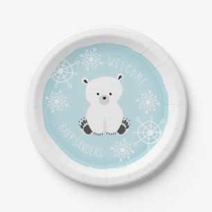 Assiettes En Carton Baby shower de l'ours polaire Snowflake Winter Blu