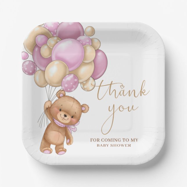 Assiettes En Carton Baby shower de Merci de ballons roses Teddy Bear (Recto)