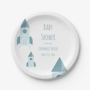 Assiettes En Carton Baby shower de navire à fusée bleu blanc illustr