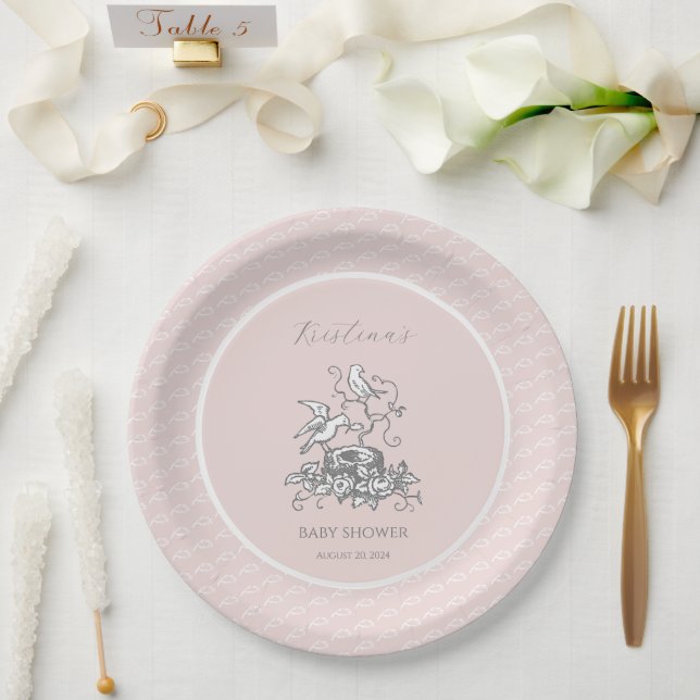Assiettes En Carton Baby shower de nid d'oiseaux rose (Mariage)