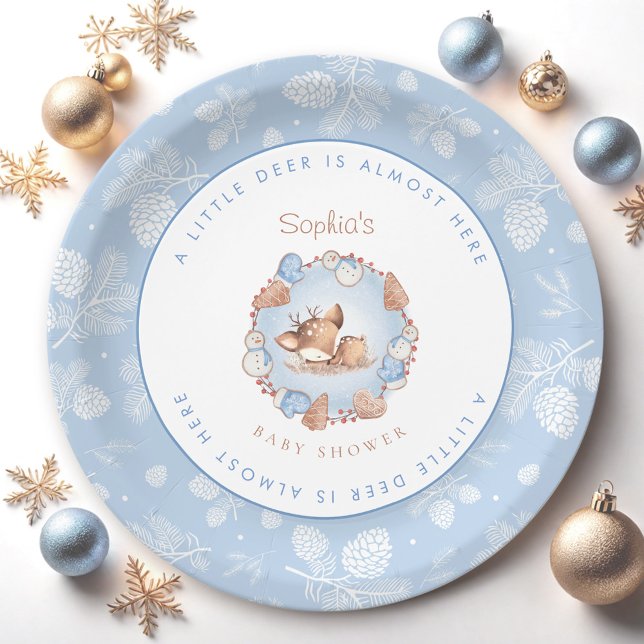 Assiettes En Carton Baby shower de Noël mignon Blue Deer Boy (Christmas Cute Blue Deer Boy Baby Shower Paper Plates)