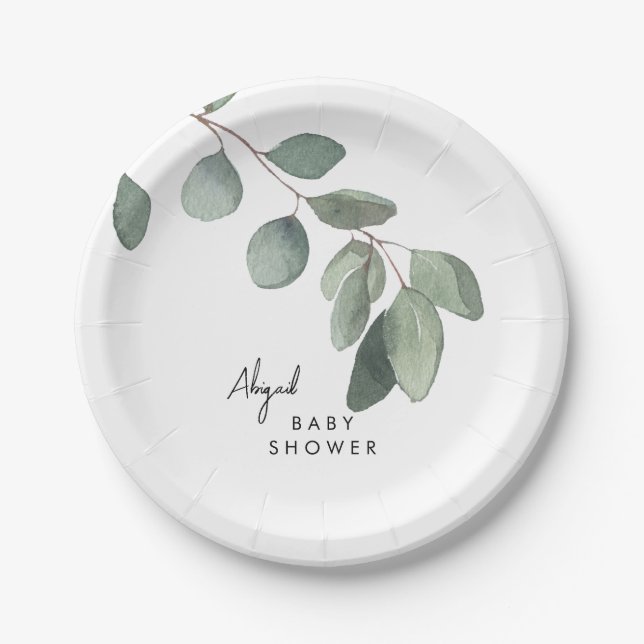 Assiettes En Carton Baby shower de nom personnalisé Eucalyptus (Devant)