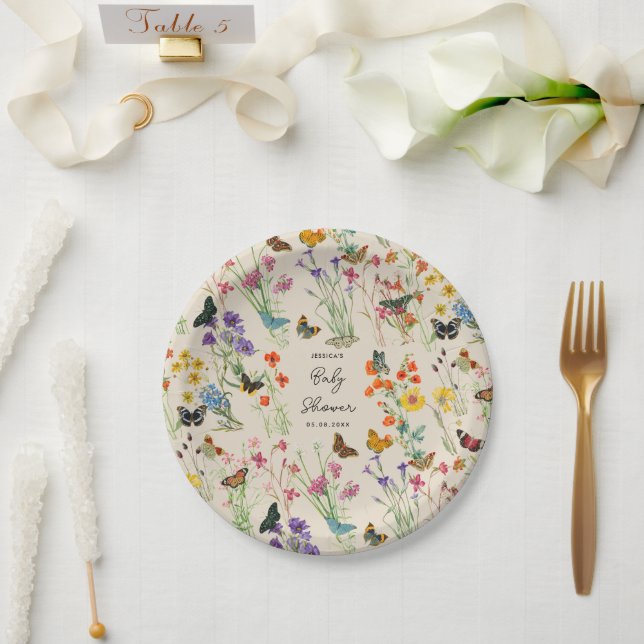 Assiettes En Carton Baby shower de papillons Fleur sauvage aquarelle (Mariage)