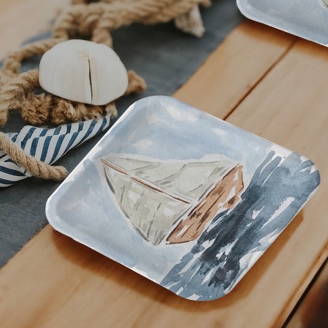 Assiettes En Carton Baby shower de peinture nautique Aquarelle (Blue nautical watercolor sailboat modern party paper plates.)
