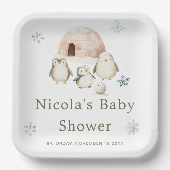 Assiettes En Carton Baby shower de pingouins d'hiver (Recto)