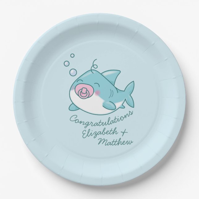 Assiettes En Carton Baby shower de requin mignon Kawaii fille rose (Devant)