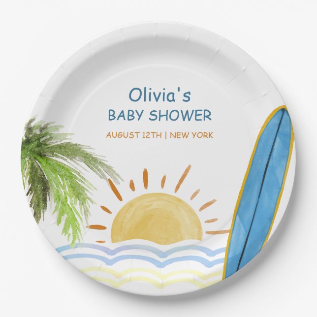 Assiettes En Carton Baby shower de surf tropical Sunshine (Devant)