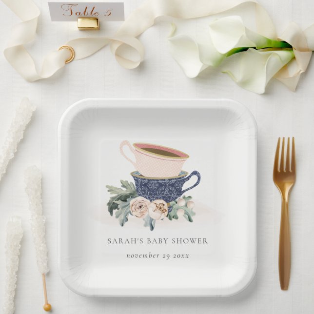 Assiettes En Carton Baby shower de tasses à thé bleu flou (Mariage)