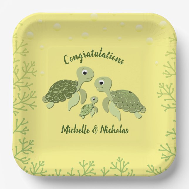 Assiettes En Carton Baby shower de tortue de mer Plaques de papier jau (Recto)