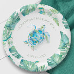 Assiettes En Carton Baby shower de tortue de mer tropicale personnalis<br><div class="desc">Ces assiettes personnalisées sont parfaites pour un baby shower tropical ou une fête à l'aloha. Dotés d'une tortue de mer couleur aquarelle dans les tons bleu et vert, entourée d'une frontière feuille de palmier monstère, ils apportent une ambiance de plage sous-marine à votre célébration. Customisez avec le nom et la...</div>