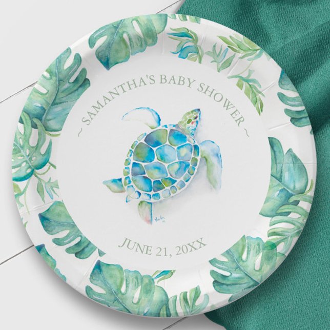 Assiettes En Carton Baby shower de tortue de mer tropicale personnalis (paper plates sea turtle custom watercolor art by Victoria Grigaliunas)