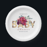 Assiettes En Carton Baby shower de typographie de la Flore rouge de Bo<br><div class="desc">Fleurs rouges bourguignonnes or parties scintillant texte baby shower papier plaques</div>