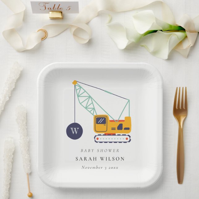 Assiettes En Carton Baby shower de véhicule de grue de construction ja (Mariage)