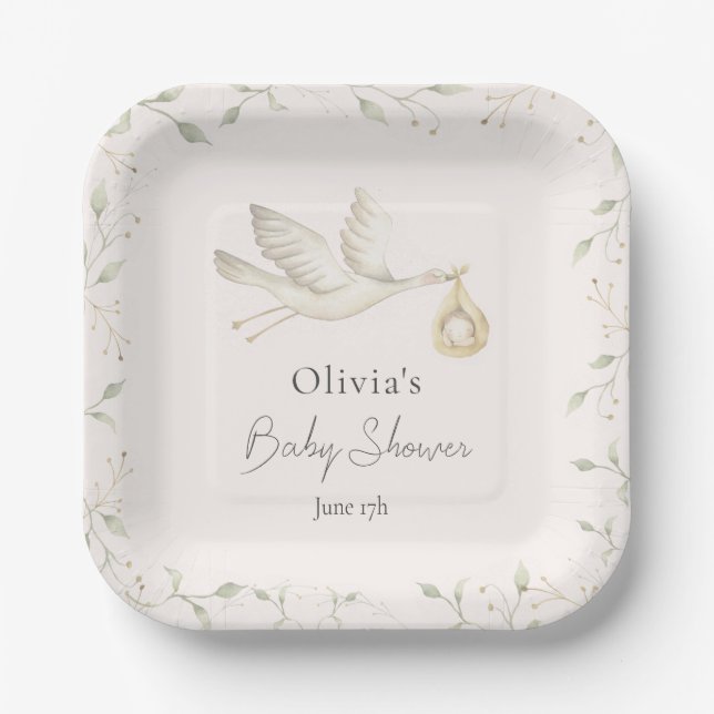 Assiettes En Carton Baby shower de verdure cigogne (Recto)