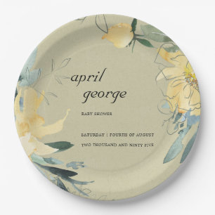 ASSIETTES EN CARTON BABY SHOWER D'EAU FLORALE JAUNE DE KRAFT
