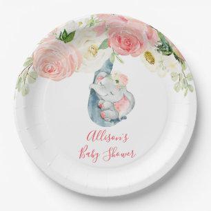 Assiettes En Carton baby shower d'éléphant à fleurs blanches et ros
