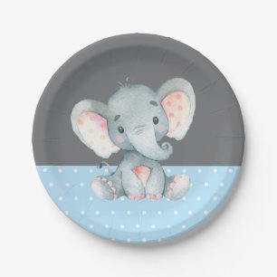 Assiettes En Carton Baby shower d'éléphant de garçon bleu et gris