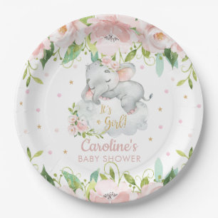 Assiettes En Carton Baby shower d'éléphant floral rose pâle