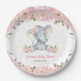 Assiettes En Carton Baby shower d'éléphant floral rose vif