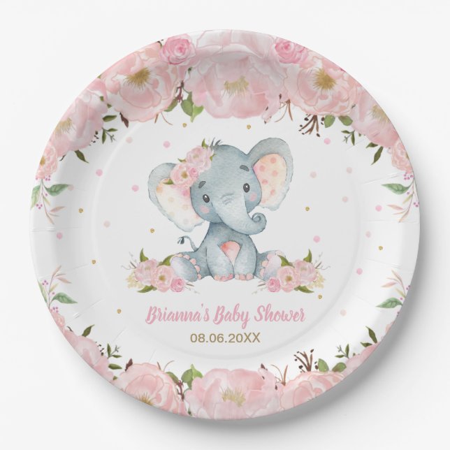 Assiettes En Carton Baby shower d'éléphant floral rose vif (Devant)
