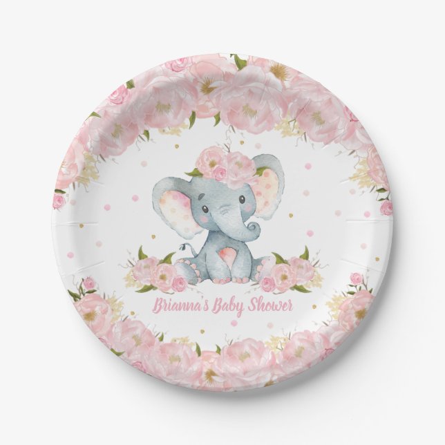 Assiettes En Carton Baby shower d'éléphant floral rose vif (Devant)