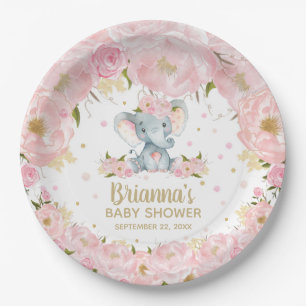 Assiettes En Carton Baby shower d'éléphant floral rose vif