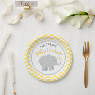 Assiettes En Carton Baby shower d'éléphant jaune et gris moderne