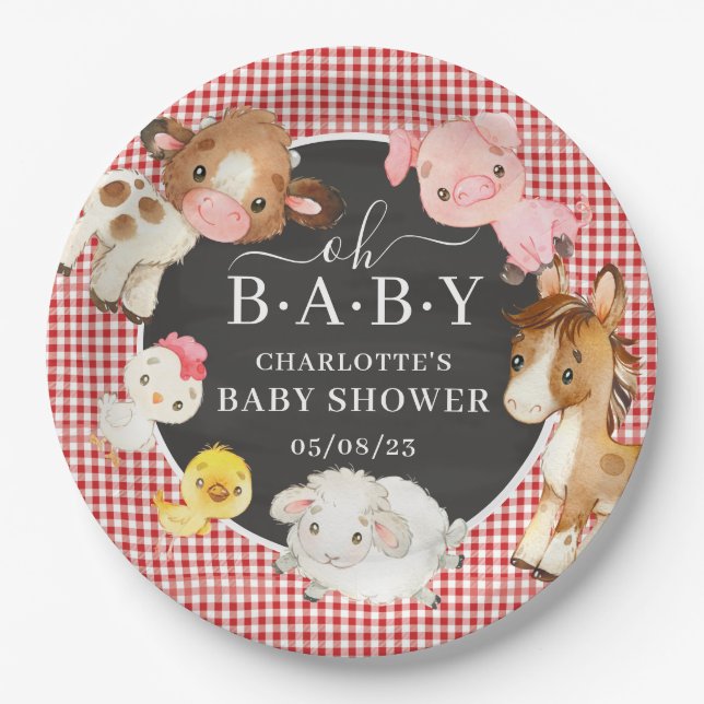 Assiettes En Carton Baby shower des animaux de ferme (Devant)