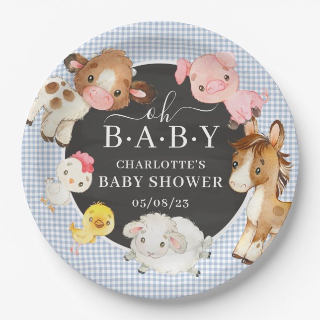 Assiettes En Carton Baby shower des animaux de ferme (Devant)