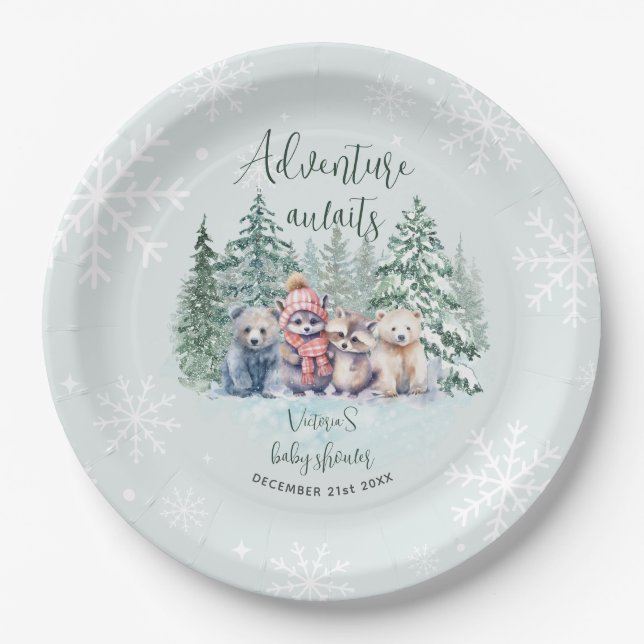 Assiettes En Carton Baby shower des animaux mignons d'hiver (Devant)
