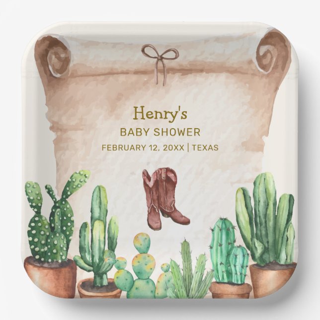 Assiettes En Carton Baby shower des Bottes Cactus Cowboy du désert vin (Recto)